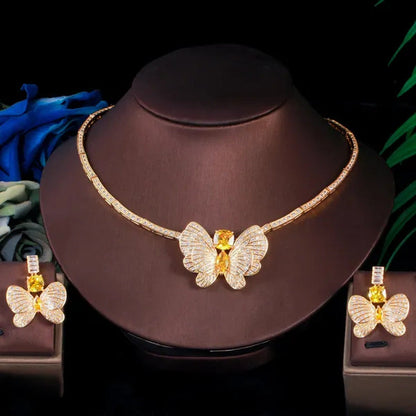 CANDICE Statement Citrine Butterfly Design Pendant Ears Choker Necklace Micro CZ