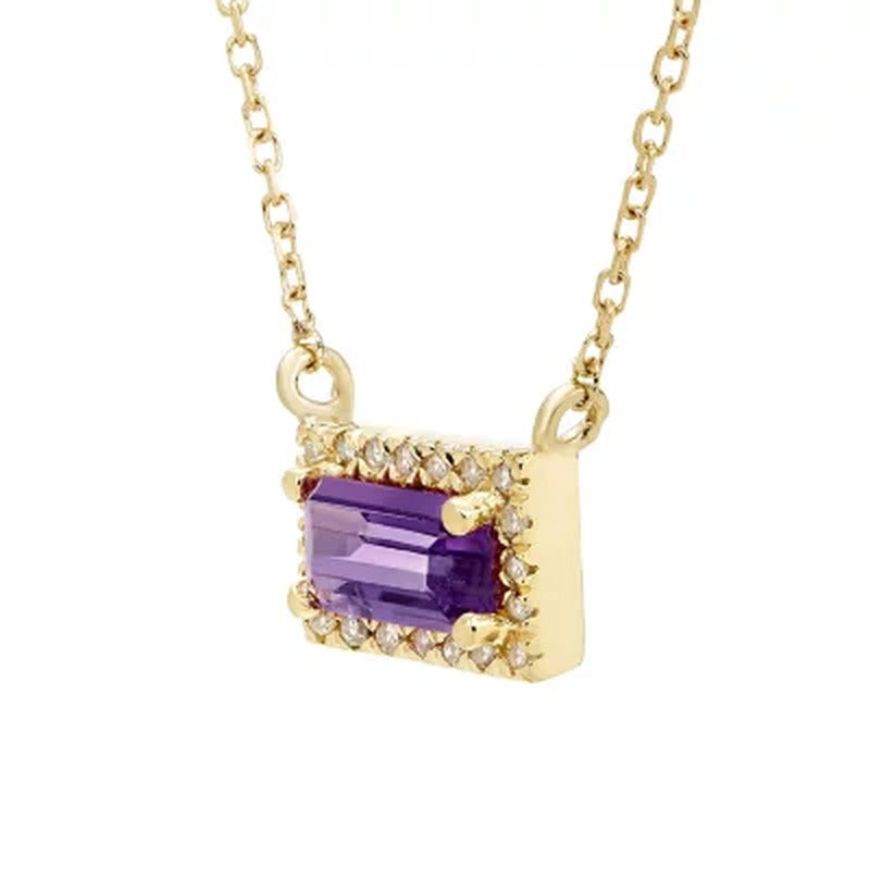 Amethyst and .06 CT. T.W. Diamond Baguette Pendant Necklace in 14K Gold