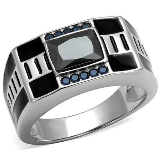 Men High Polished Stainless Steel Ring with AAA Grade CZ in Black Diamond - Size