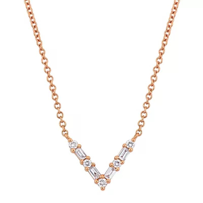 0.13 CT. T.W. Baguette and Round-Cut Diamond "V" Shape Necklace in 14K Rose Gold