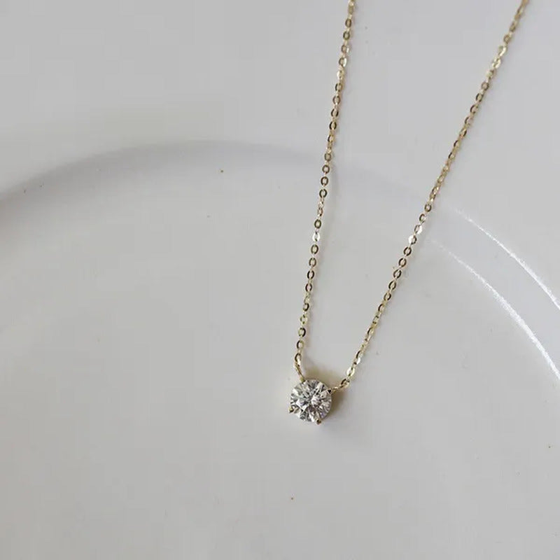 925 Sterling Silver Necklace with 14K Gold Plated Four Prongs Single Diamond Sup