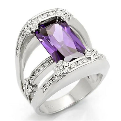 Women Rhodium 925 Sterling Silver Ring with AAA Grade CZ in Amethyst - Size 8