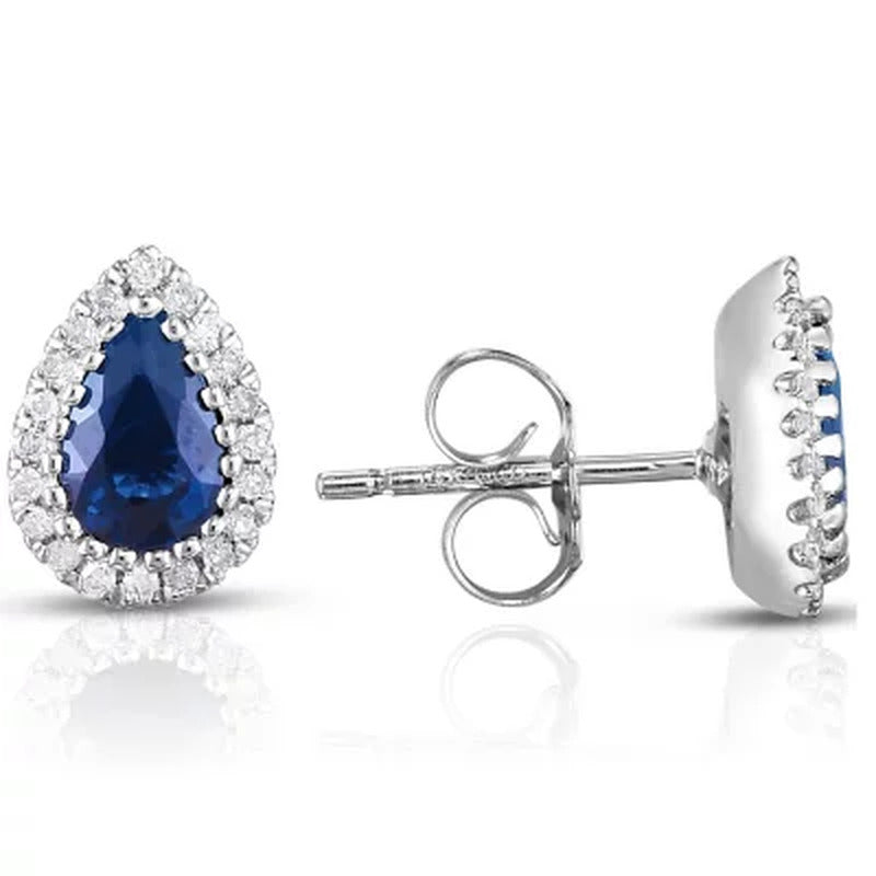 Pear Cut Sapphire and Diamond Earrings in 14K White Gold