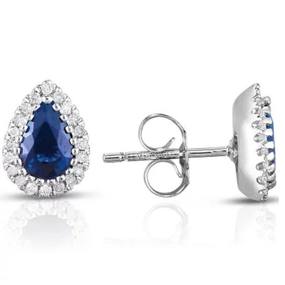 Pear Cut Sapphire and Diamond Earrings in 14K White Gold