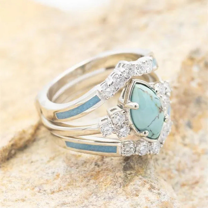3Pcs/Set Exquisite and Elegant Inlaid Zircon and Turquoise Women'S Ring, Fashion