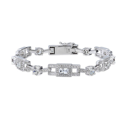 Sterling Silver Cubic Zirconia CZ Fashion Chain Bracelet for Women, Rhodium Plat