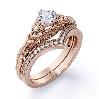 Engraved .68 Carat round Cut Real Diamond Victorian-Inspired Wedding Ring Set wi