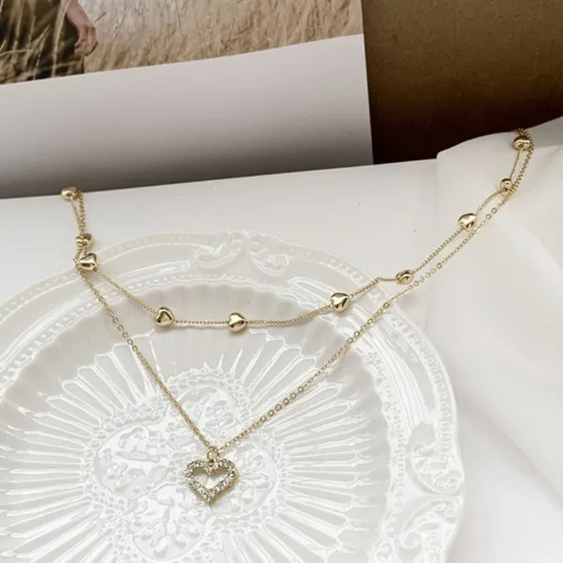 Trendy High-End Gold Double Heart Necklace with Diamonds
