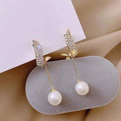 New Trend Elegant Pearl Tassel Long Crystal Earrings for Women Fashion Dangle Ea