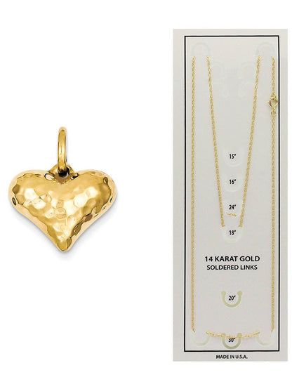14K Yellow Gold Polished and Hammered 3-D Heart Pendant Charm (18Mm X 16Mm) with