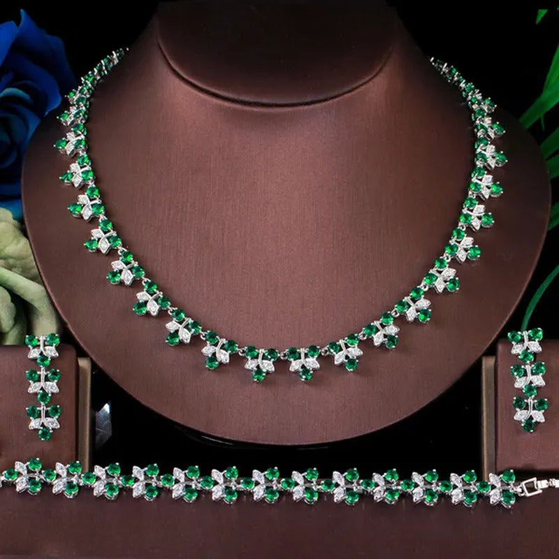 CANDICE Sapphire Prom Party 3Pcs Jewelry Set Pave Blue Cubic Zircon Leaf Flower