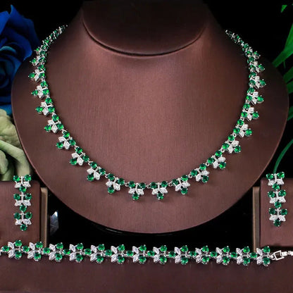 CANDICE Sapphire Prom Party 3Pcs Jewelry Set Pave Blue Cubic Zircon Leaf Flower