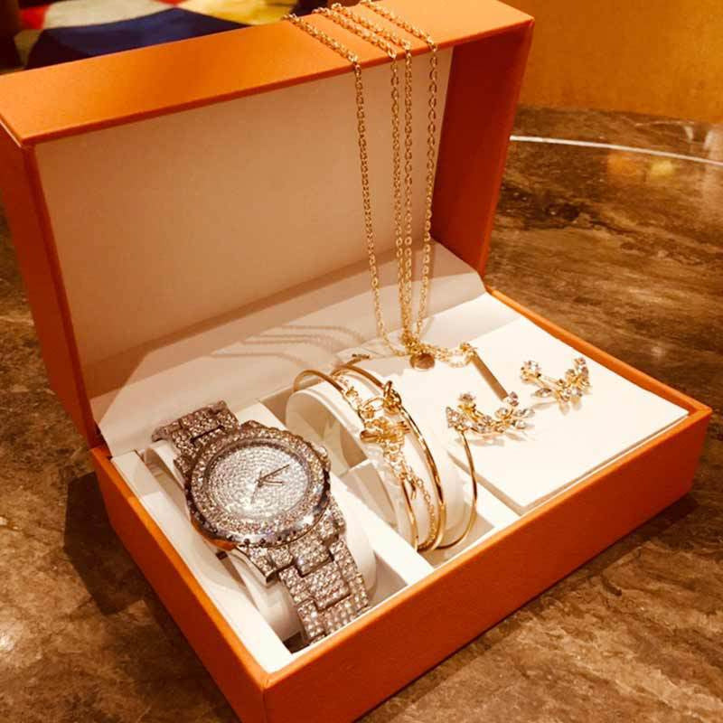 Fashion Creative Diamond Full Diamond round Watch Leaf Bracelet Set Earrings Nec