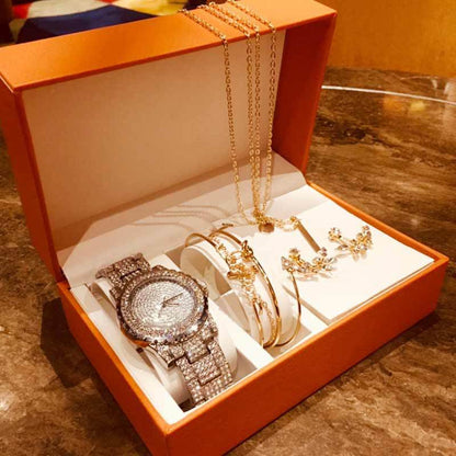 Fashion Creative Diamond Full Diamond round Watch Leaf Bracelet Set Earrings Nec
