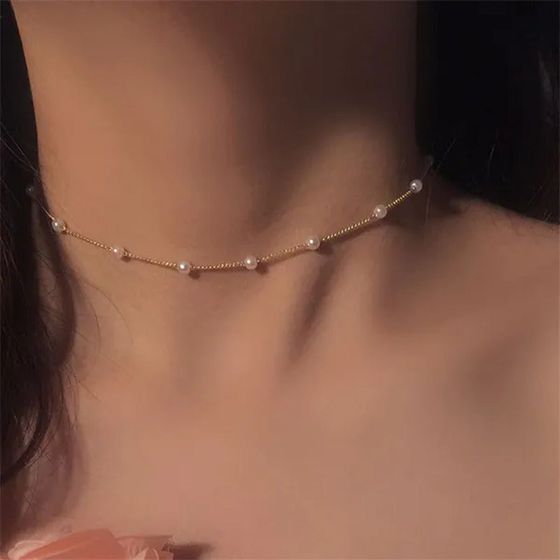 New Beads Women'S Neck Chain Simulation Pearl Necklace Gold Color Goth Chocker J