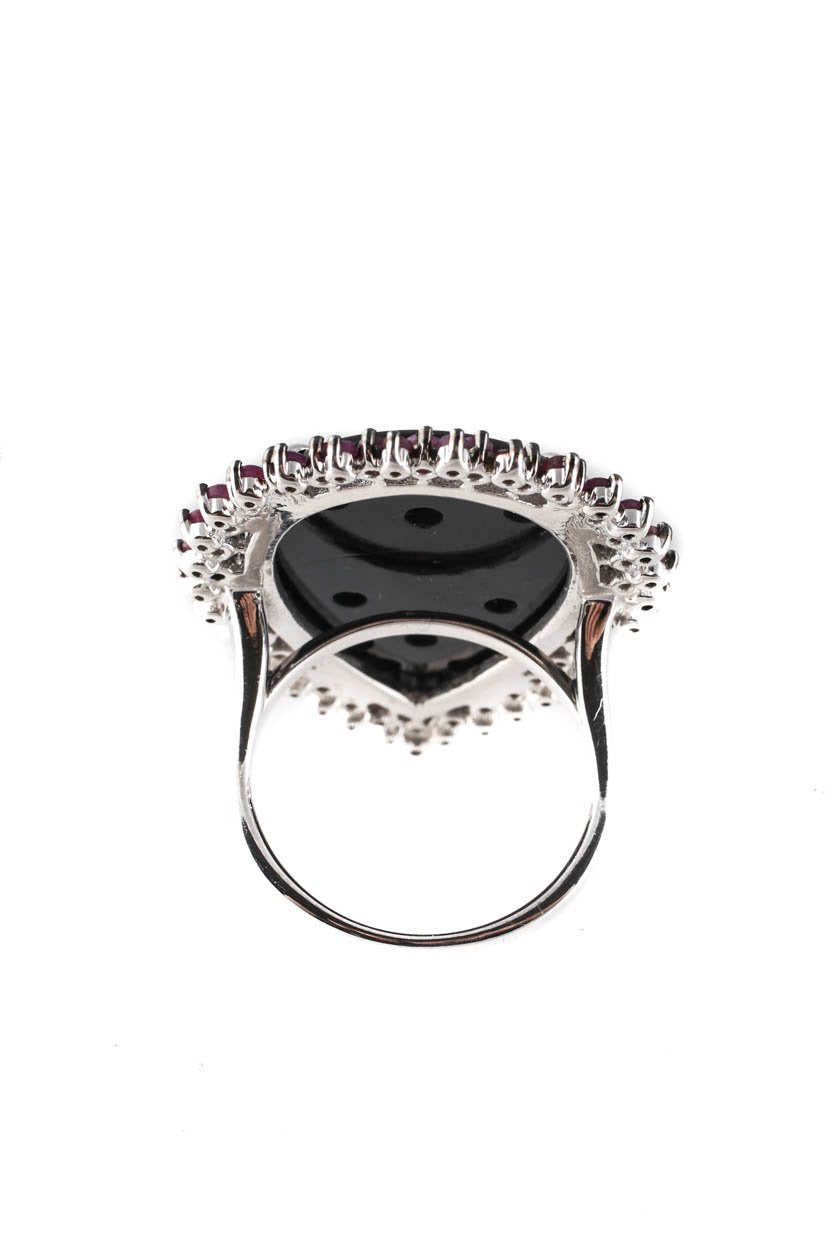 Pre-Owned| Sterling Silver Hand Carved Black Onyx Ruby Cocktail Ring Size 8