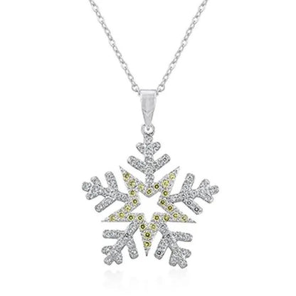Genuine Rhodium Plated Snowflake Pendant with Pave Peridot and Clear Cubic Zirco