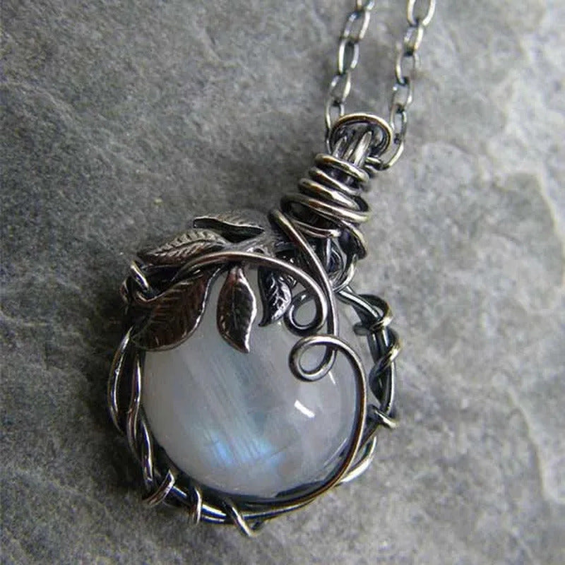 Vintage Opal Necklace Silver Plated Leaf Moonstone Necklace Wedding Engagement A