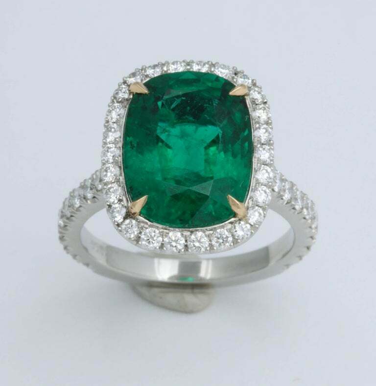 5 Carat Green Emerald Cushion Cut Diamond Halo Ring GIA Certified No Oil