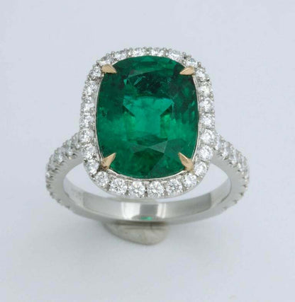 5 Carat Green Emerald Cushion Cut Diamond Halo Ring GIA Certified No Oil