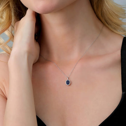 10K White Gold Blue Sapphire and Diamonds Women'S Halo Pendant Necklace (1.79 Ct