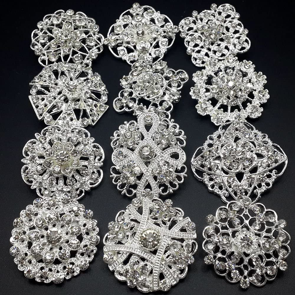 Lot 12Pc Clear Rhinestone Crystal Flower Brooches Pins DIY Wedding Bouquet Broac