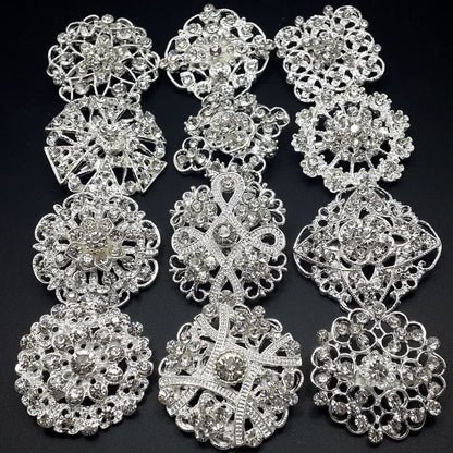 Lot 12Pc Clear Rhinestone Crystal Flower Brooches Pins DIY Wedding Bouquet Broac