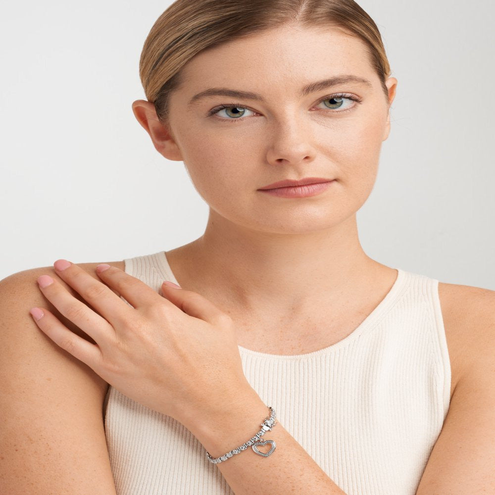 Rhodium Plated Diamond Accent Open Heart Charm Tennis Bracelet, 7.25"