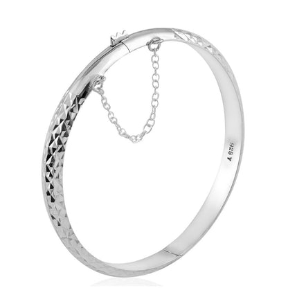 Women Checkered Diamond Cut Cuff Bangle Bracelet Sterling Silver 7"