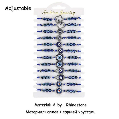 12 Pcs/Set Bohemian Handmade Braided Rope Charm Bracelets Rhinestone Blue round
