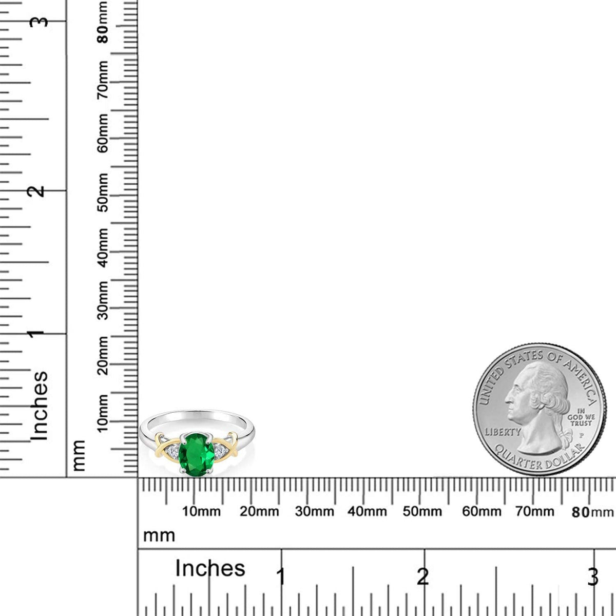 2 Tone 10K Yellow Gold and 925 Sterling Silver Green Nano Emerald and Lab Grown
