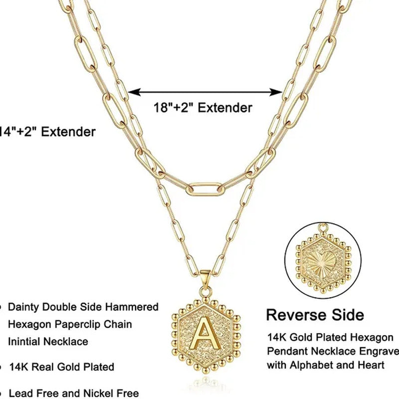 Dainty Layered Initial Necklaces for Women, 14K Gold Plated Paperclip Chain Neck