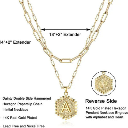 Dainty Layered Initial Necklaces for Women, 14K Gold Plated Paperclip Chain Neck