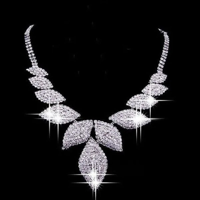 Women‘S Fashion Charm Leaf Necklace Rhinestone Earrings Wedding Party Jewelry Se