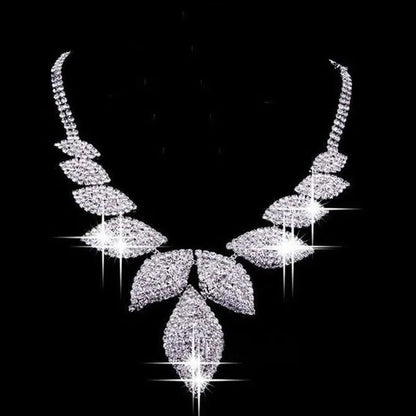 Women‘S Fashion Charm Leaf Necklace Rhinestone Earrings Wedding Party Jewelry Se