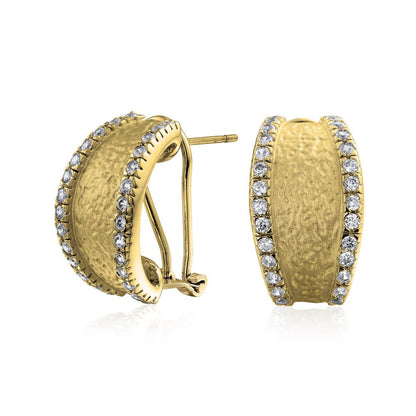 Matte Hammered Shrimp Half Hoop Earrings Pave Edge CZ Gold Plated