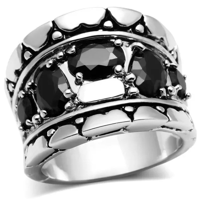 Alamode 3W262-5 Rhodium Brass Ring with AAA Grade CZ, Black Diamond - Size 5