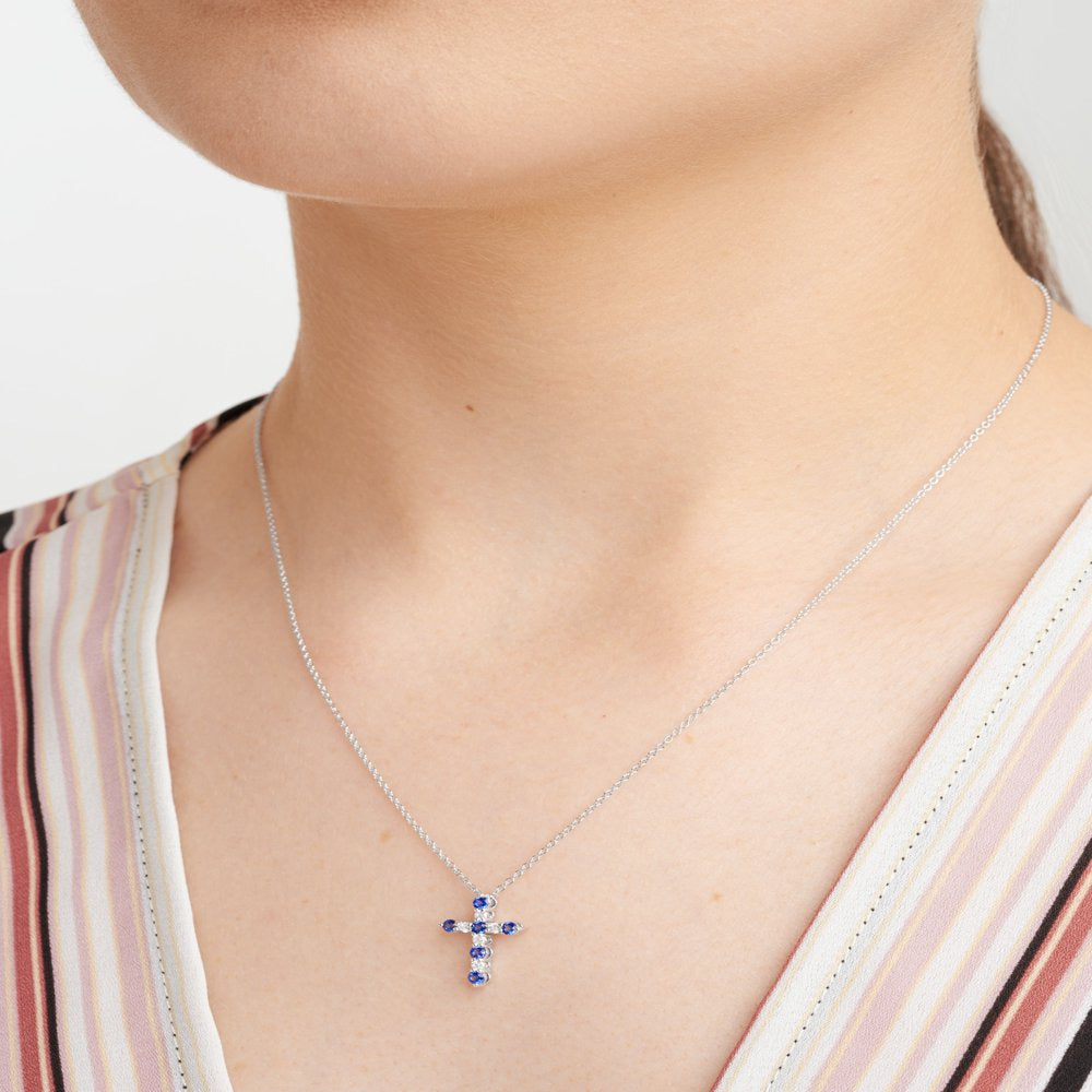 Forever Facets 1/8 CT TW Lab Grown Diamond and Created Sapphire Cross Necklace H