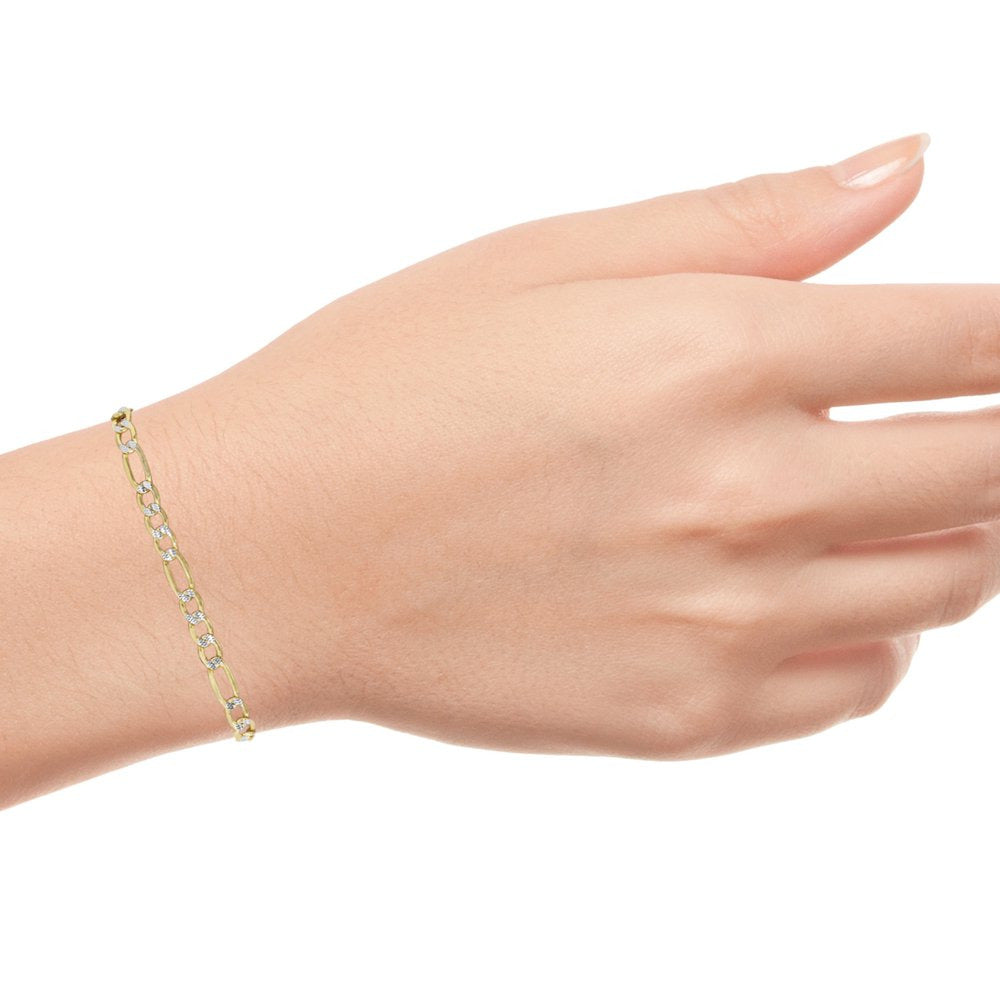 14K Yellow Gold 4.5Mm Figaro Chain Link Diamond Cut Pave Two Tone Bracelet, Mens