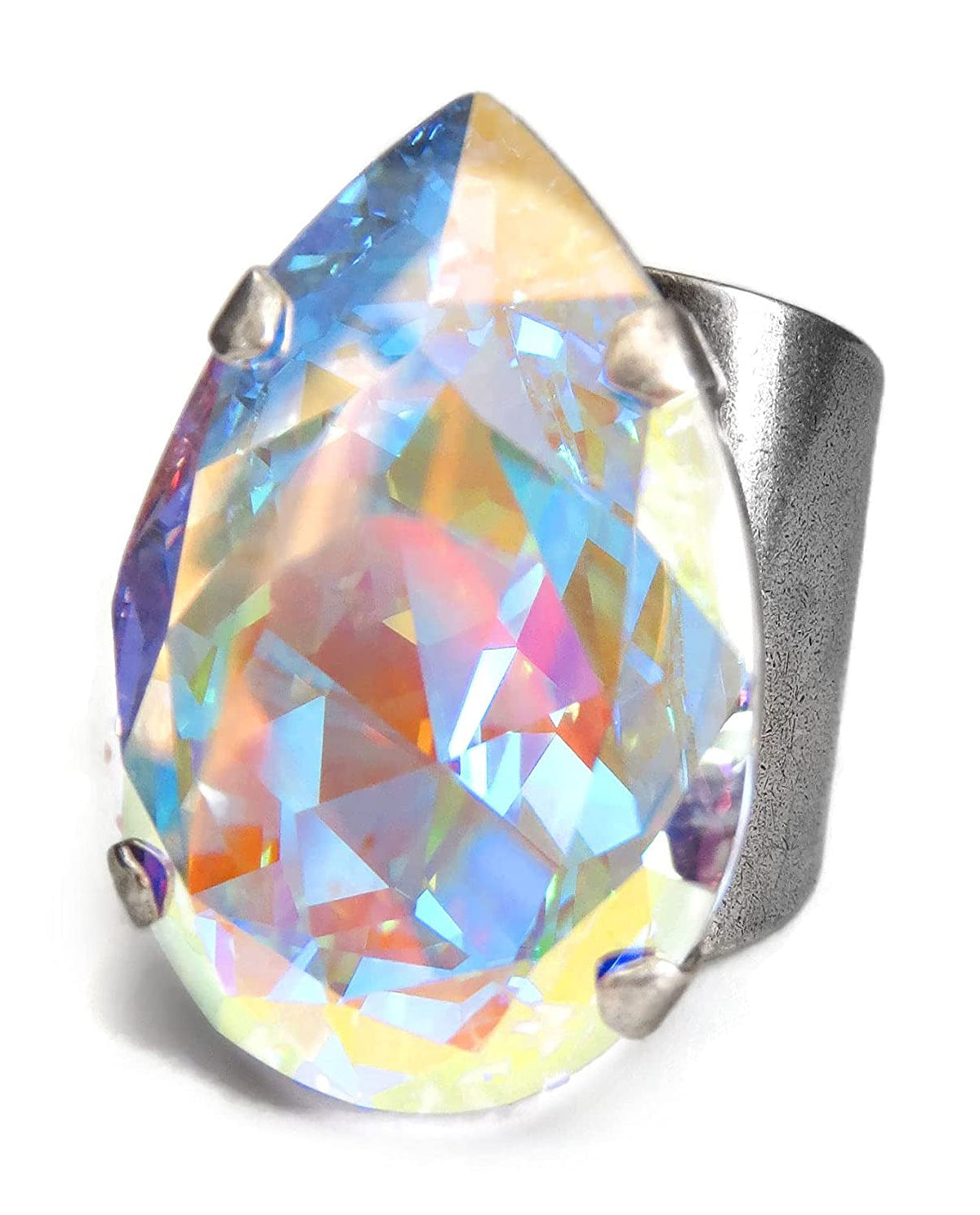 Large Shimmering Teardrop AB Crystal Cocktail Ring, Adjustable Band