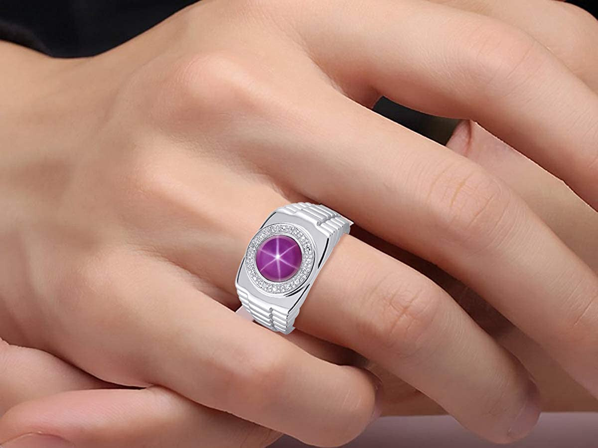 Mens Rings 14K White Gold Ring round Shape Cabochon Gemstone & Genuine Diamonds
