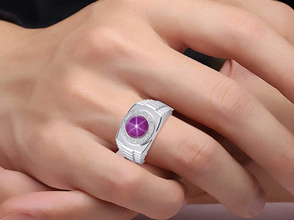 Mens Rings 14K White Gold Ring round Shape Cabochon Gemstone & Genuine Diamonds