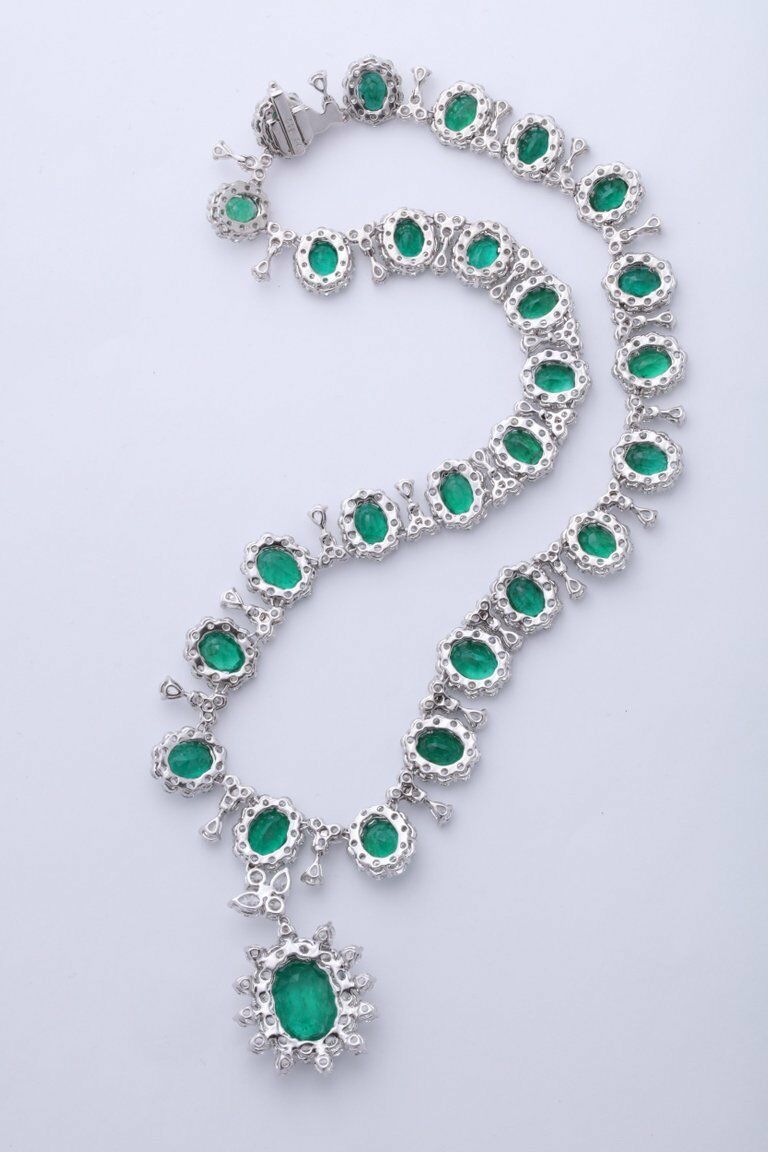 emerald and diamond necklace. 39.09 carats of fine green emerald lariette