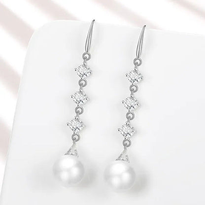 High Quality Temperament White Pearl Eardrop Earrings 925 Sterling Silver Long E