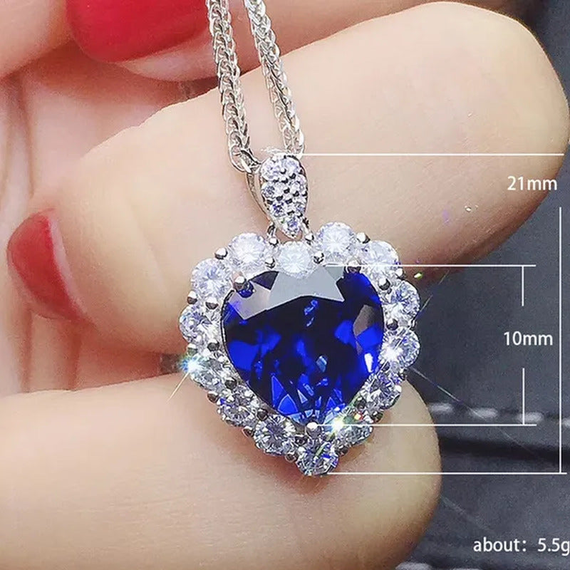 Exquisite Luxurious Ladies Fashion 925 Silver Sapphire Love Heart Pendant Neckla