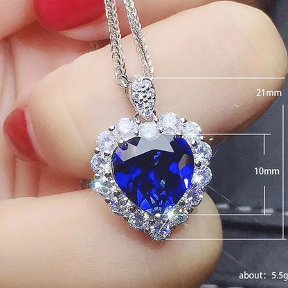 Exquisite Luxurious Ladies Fashion 925 Silver Sapphire Love Heart Pendant Neckla