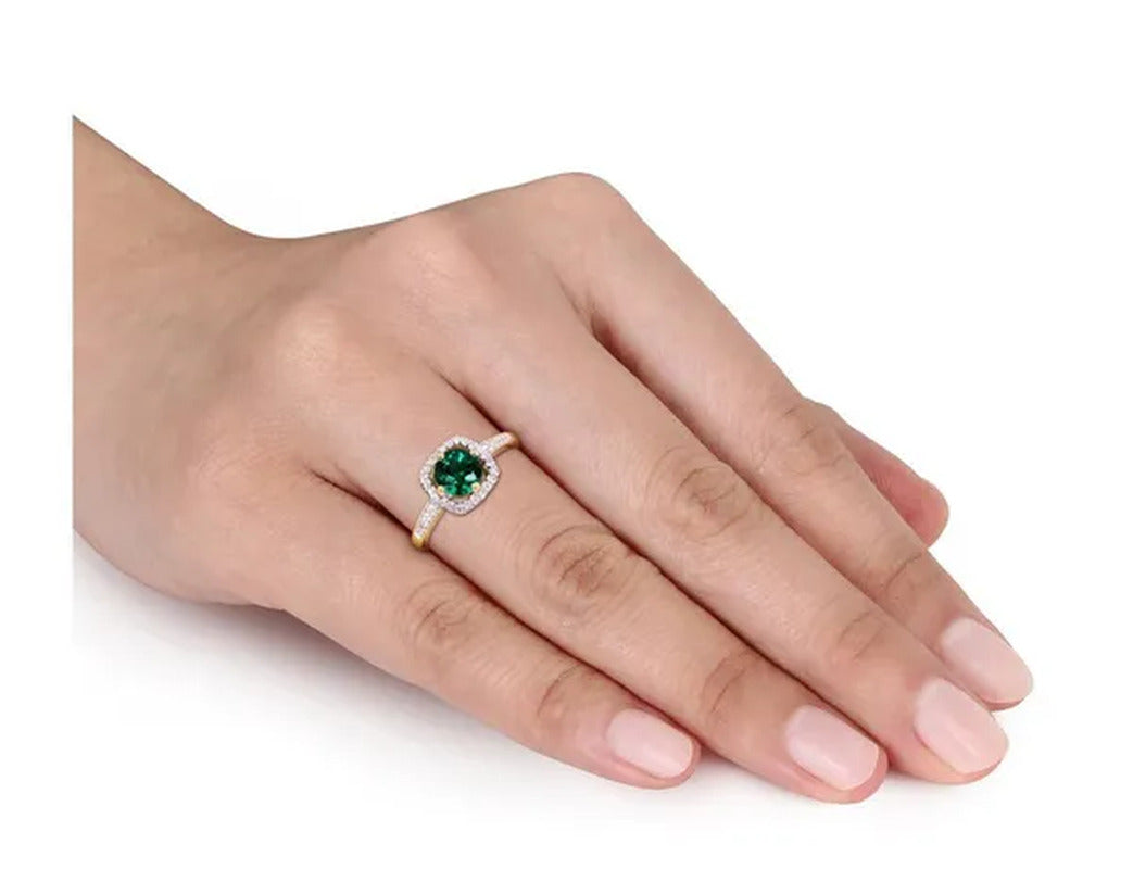 4/5 Carat (Ctw) Lab Created Green Emerald Ring in 10K Yellow Gold with Diamonds