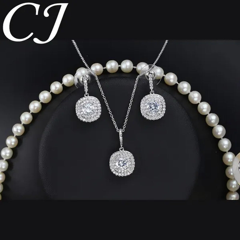 CANDICE 1 Set 18K White Gold Plated Jewelry Set Full Clear CZ Diamond Pendant Ne