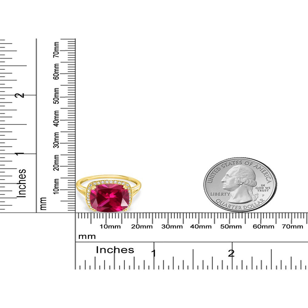 8.27 Ct Cushion Red Created Ruby White Created Sapphire 10K Yellow Gold Ring