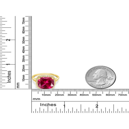 8.27 Ct Cushion Red Created Ruby White Created Sapphire 10K Yellow Gold Ring